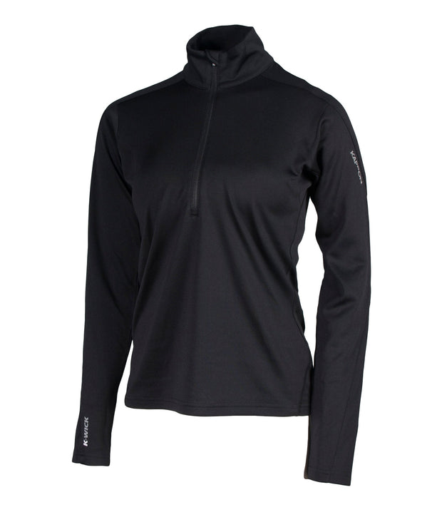 A black women's 1/4 zip base layer with a black zip and reflective logo on the left sleeve.