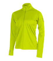 A women's green 1/4 zip base layer with a black zip and reflective logo on the left sleeve.