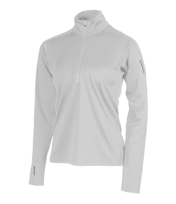 A women's light grey 1/4 zip base layer with a black zip and reflective logo on the left sleeve.