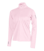 A women's pink 1/4 zip base layer with a black zip and reflective logo on the left sleeve.