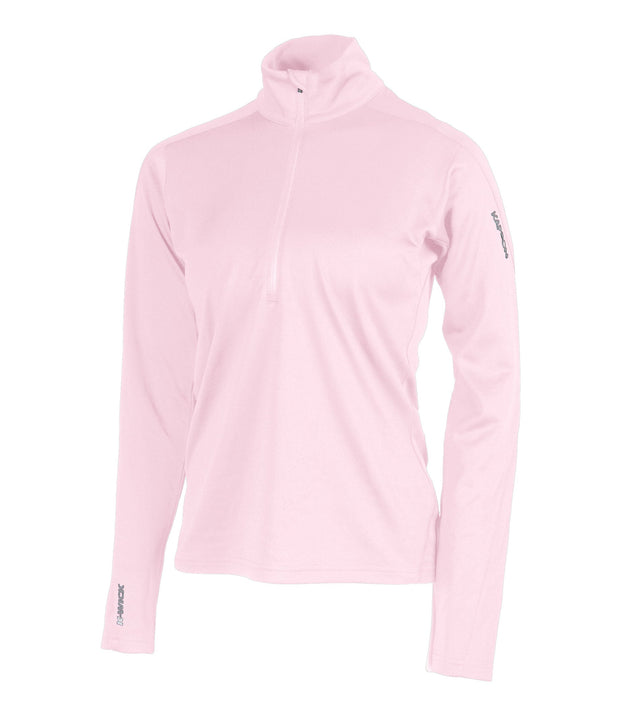A women's pink 1/4 zip base layer with a black zip and reflective logo on the left sleeve.