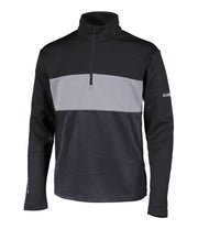 A boys' 1/4 zip base layer in black, grey and dark grey with a logo on the left sleeve.
