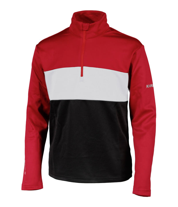 A boys' 1/4 zip base layer in red, dark grey and black with a logo on the left sleeve.