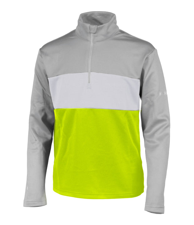 A boys' 1/4 zip base layer in green, grey and lighter grey with a logo on the left sleeve.