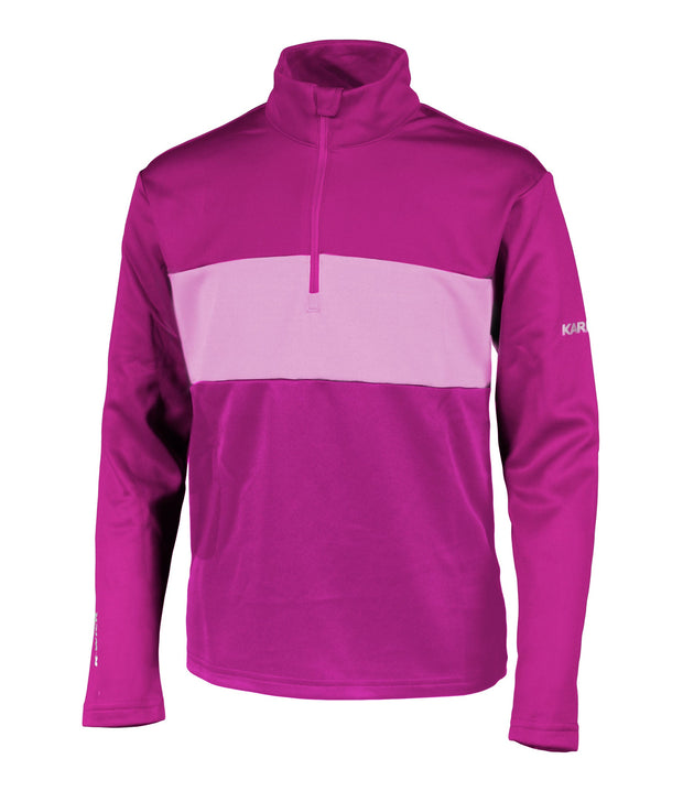 A boys' 1/4 zip base layer in pink and lighter pink with a logo on the left sleeve.