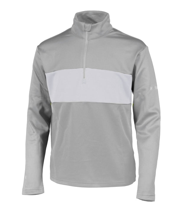 A boys' 1/4 zip base layer in light grey, and grey with a logo on the left sleeve.