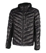 A black light puffer vest featuring a front zip closure, zippered chest pocket, and two side zip pockets, with softstretch side panels.