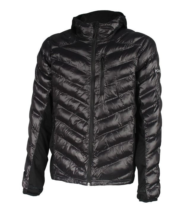 A black light puffer vest featuring a front zip closure, zippered chest pocket, and two side zip pockets, with softstretch side panels.