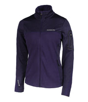 A women's dark purple full front zip sweater with contrast texture accent panels, a logo on the chest, and a sleeve pocket on the left arm.