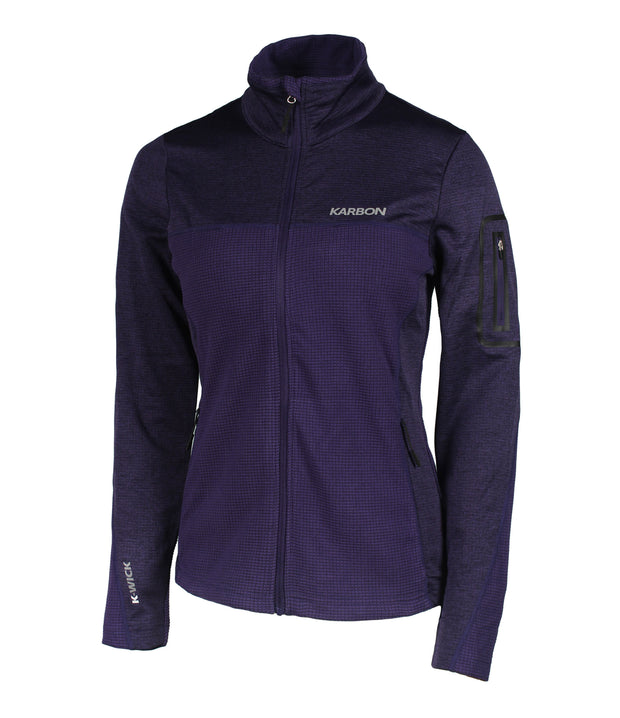 A women's dark purple full front zip sweater with contrast texture accent panels, a logo on the chest, and a sleeve pocket on the left arm.