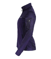 A side shot of a women's dark purple full front zip sweater with contrast texture accent panels, a logo on the chest, and a sleeve pocket on the left arm.