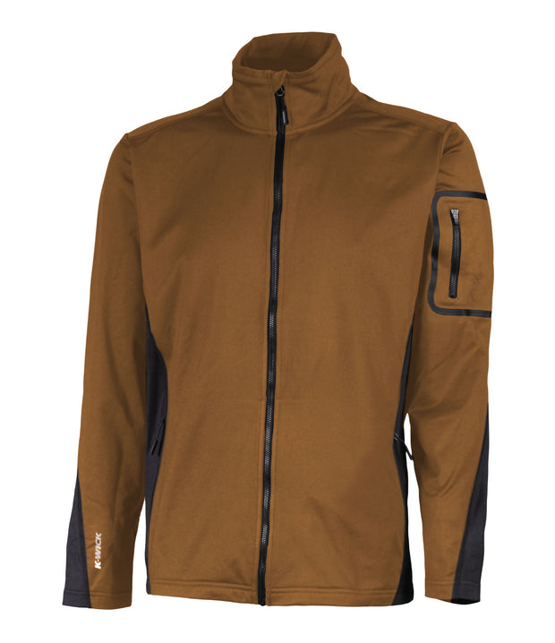 Men's brown full zip base layer with a pocket on the left sleeve.