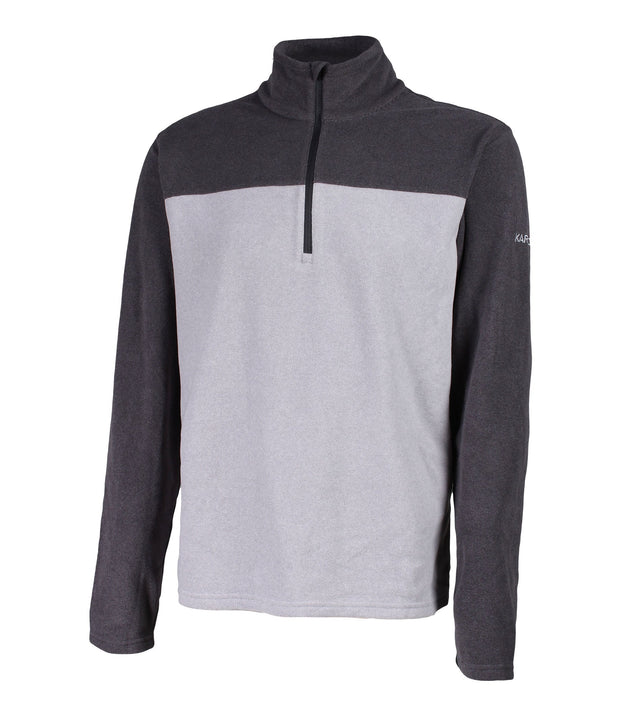 Men's dark grey and light grey 1/4 zip pullover base layer with a t-neck and black main zipper, embroidered with a logo on the left sleeve.
