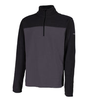 Men's black and grey 1/4 zip pullover base layer with a t-neck and black main zipper, embroidered with a logo on the left sleeve.