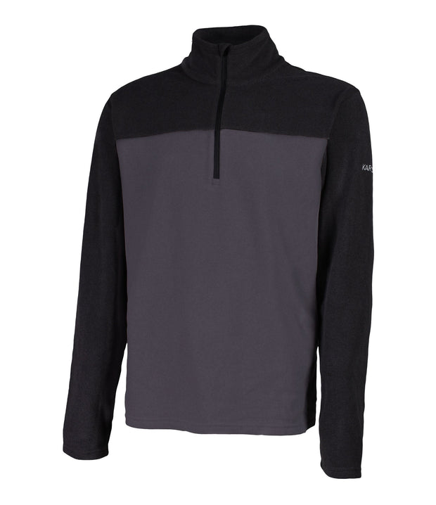 Men's black and grey 1/4 zip pullover base layer with a t-neck and black main zipper, embroidered with a logo on the left sleeve.