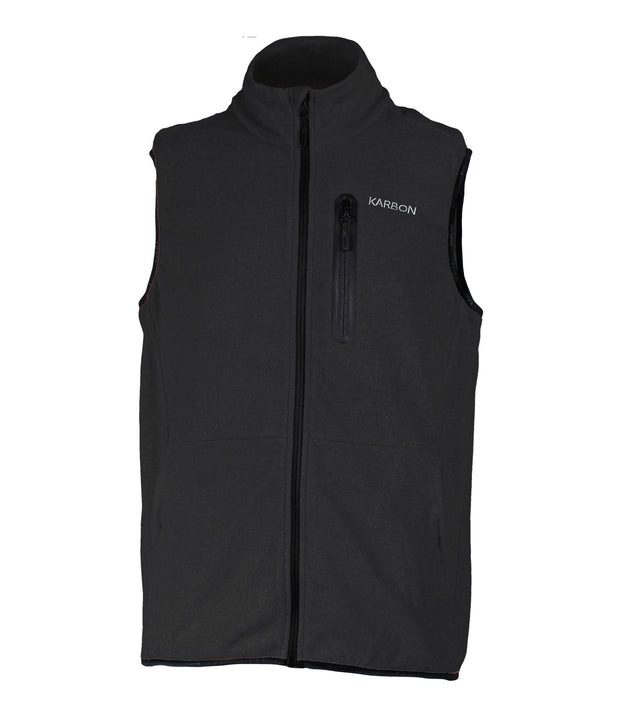 A black fleece vest featuring a front zip closure, zippered chest pocket, and two side pockets.