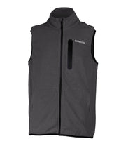 A dark grey fleece vest featuring a front zip closure, zippered chest pocket, and two side pockets.