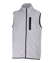 A grey fleece vest featuring a front zip closure, zippered chest pocket, and two side pockets.
