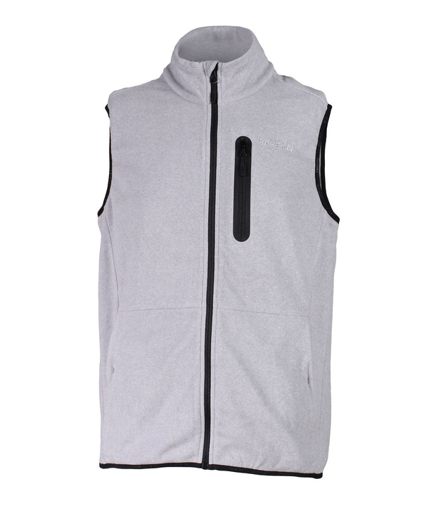 A grey fleece vest featuring a front zip closure, zippered chest pocket, and two side pockets.