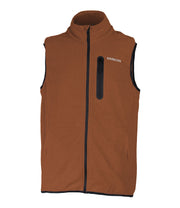 A brown fleece vest featuring a front zip closure, zippered chest pocket, and two side pockets.