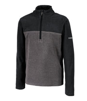 A kids' black and grey 1/4 zip pullover base layer with a t-neck and blue main zipper, embroidered with a logo on the left sleeve.