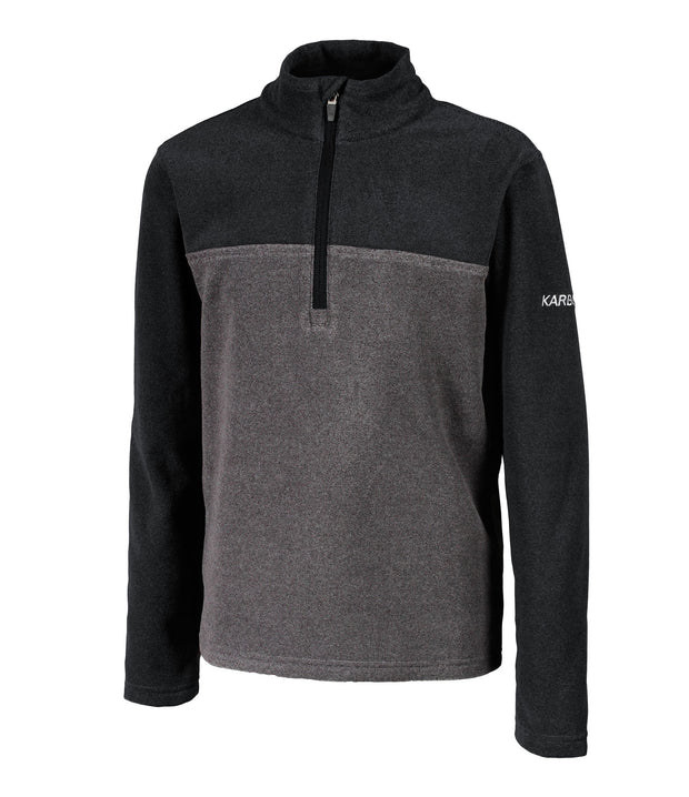 A kids' black and grey 1/4 zip pullover base layer with a t-neck and blue main zipper, embroidered with a logo on the left sleeve.