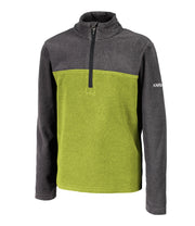 A kids' grey and green 1/4 zip pullover base layer with a t-neck and blue main zipper, embroidered with a logo on the left sleeve.