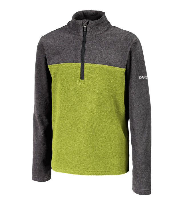 A kids' grey and green 1/4 zip pullover base layer with a t-neck and blue main zipper, embroidered with a logo on the left sleeve.