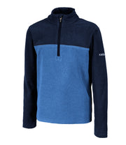 A kids' blue and navy blue 1/4 zip pullover base layer with a t-neck and blue main zipper, embroidered with a logo on the left sleeve.