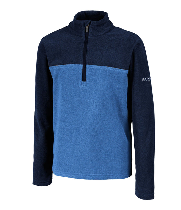 A kids' blue and navy blue 1/4 zip pullover base layer with a t-neck and blue main zipper, embroidered with a logo on the left sleeve.