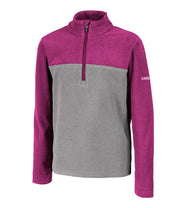 A kids' pink and grey 1/4 zip pullover base layer with a t-neck and blue main zipper, embroidered with a logo on the left sleeve.