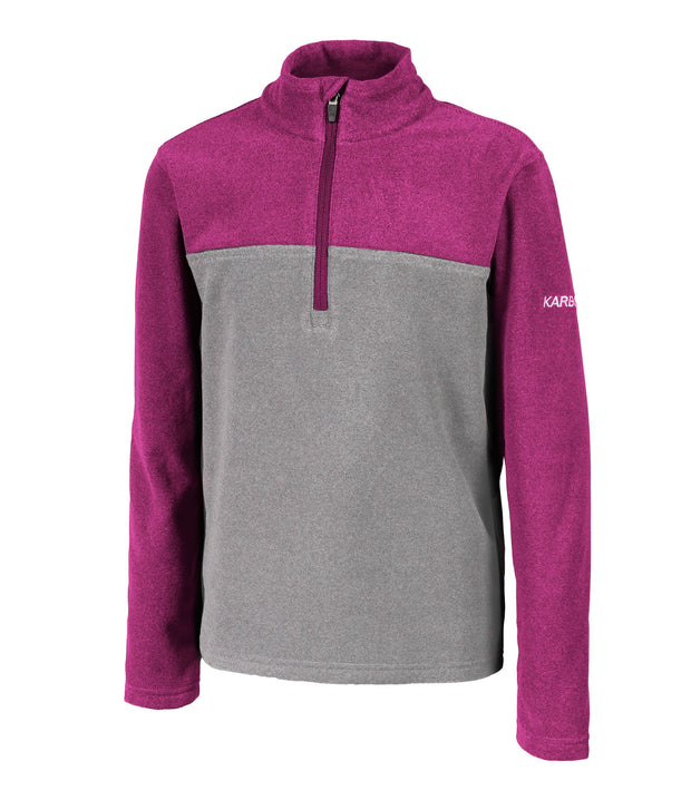 A kids' pink and grey 1/4 zip pullover base layer with a t-neck and blue main zipper, embroidered with a logo on the left sleeve.