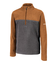 A kids' orange and grey 1/4 zip pullover base layer with a t-neck and blue main zipper, embroidered with a logo on the left sleeve.