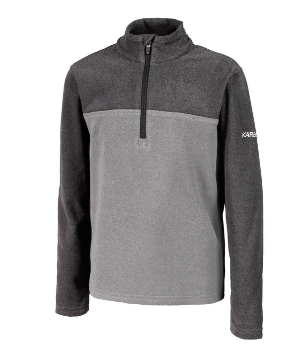A kids' dark grey and light grey 1/4 zip pullover base layer with a t-neck and blue main zipper, embroidered with a logo on the left sleeve.