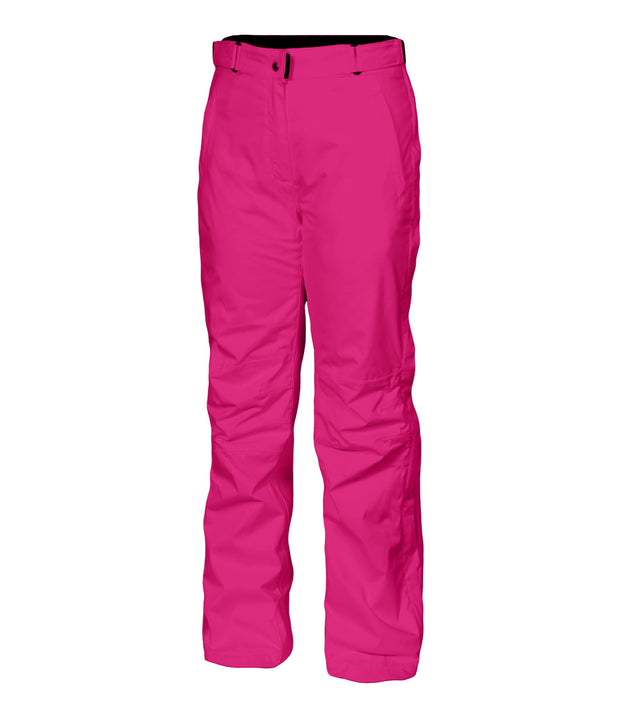 A pair of women's pink pants with zippered hand pockets, an adjustable waistband, and belt loops.