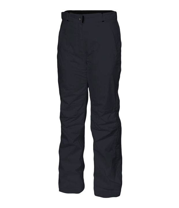 A pair of women's black pants with zippered hand pockets, an adjustable waistband, and belt loops.