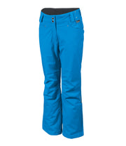 A pair of bright blue insulated pants for women, featuring a full zipper, adjustable waistband, and reinforced crotch construction.