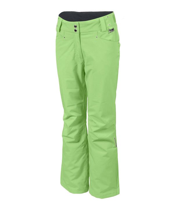 A pair of lime green insulated pants for women, featuring a full zipper, adjustable waistband, and reinforced crotch construction.