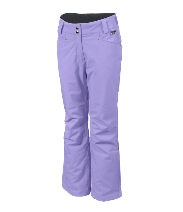 A pair of purple insulated pants for women, featuring a full zipper, adjustable waistband, and reinforced crotch construction.