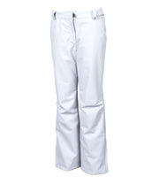 A pair of women's white pants with zippered hand pockets, an adjustable waistband, and belt loops.