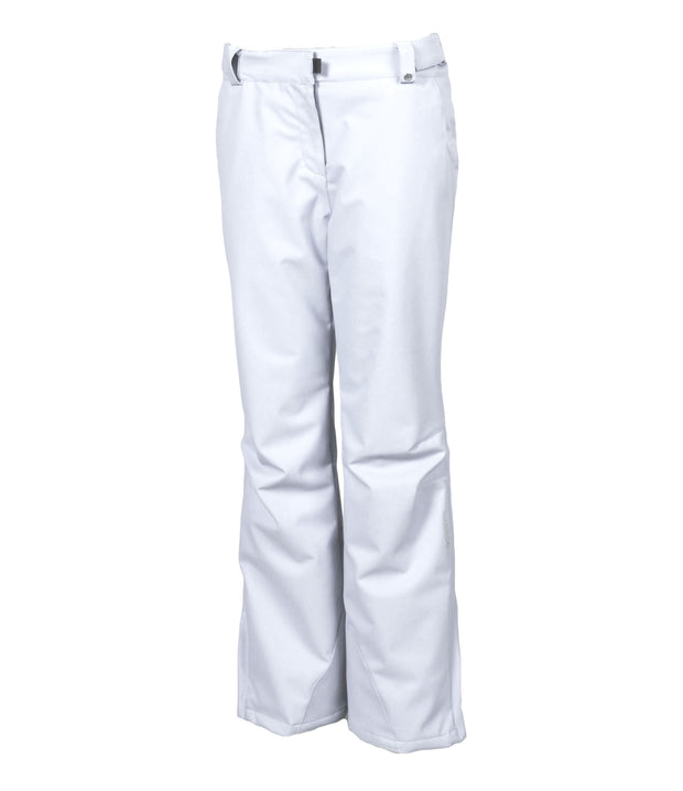 A pair of women's white pants with zippered hand pockets, an adjustable waistband, and belt loops.