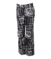 A pair of black and white geometric patterned insulated pants with zippered hand pockets, an adjustable waistband, and belt loops for women.