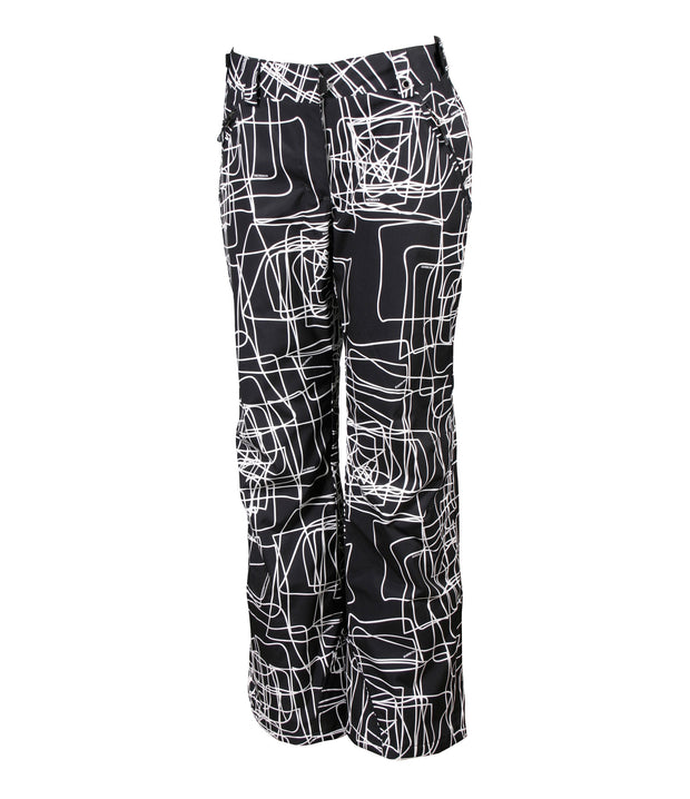 A pair of black and white geometric patterned insulated pants with zippered hand pockets, an adjustable waistband, and belt loops for women.