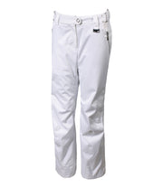 A pair of women's white pants with zippered hand pockets, an adjustable waistband, and belt loops.