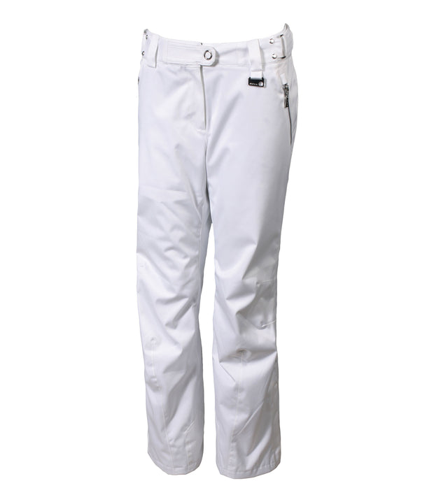 A pair of women's white pants with zippered hand pockets, an adjustable waistband, and belt loops.