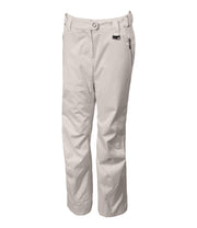 A pair of women's beige with zippered hand pockets, an adjustable waistband, and belt loops.