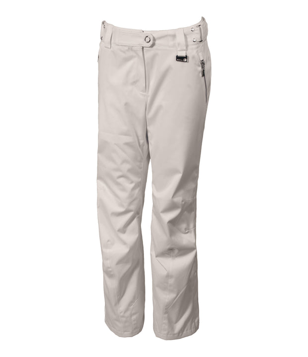 A pair of women's beige with zippered hand pockets, an adjustable waistband, and belt loops.