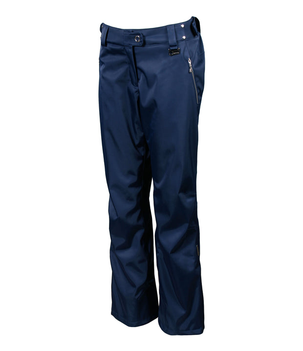 A pair of women's navy blue pants with zippered hand pockets, an adjustable waistband, and belt loops.