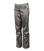 A pair of women's grey pants with zippered hand pockets, an adjustable waistband, and belt loops.