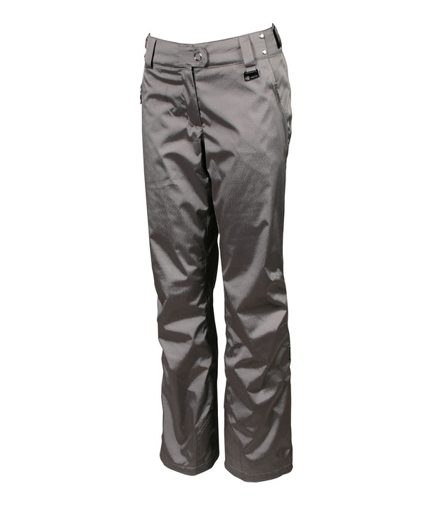 A pair of women's grey pants with zippered hand pockets, an adjustable waistband, and belt loops.